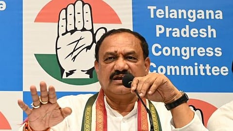 TPCC chief Mahesh Kumar Goud speaks during a press meet at Gandhi Bhavan in Hyderabad.