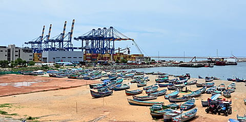 Huge cranes in Vizhinjam seaport, which is set for commissioning by Prime Minister Narendra Modi on Friday, seen from the nearby fishing harbour in Thiruvananthapuram
