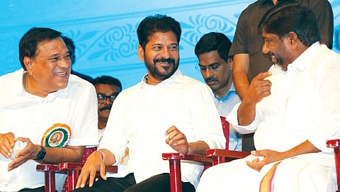 Chief Minister A Revanth Reddy and Deputy Chief Minister Mallu Bhatti Vikramarka share a lighter moment during the release of SSC results in Hyderabad
on Wednesday