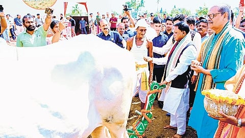 CM Majhi and deputy CM KV Singh Deo participating in the ‘Akhi Muthi Anukula’ ritual at the OUAT farm in Bhubaneswar on Wednesday