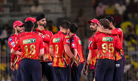 Punjab Kings Harpreet Brar celebrates with teammates after taking the wicket of CSKs Ravindra Jadeja during an IPL 2025 T20 cricket match between Chennai Super Kings and Punjab Kings on April 30, 2025.
