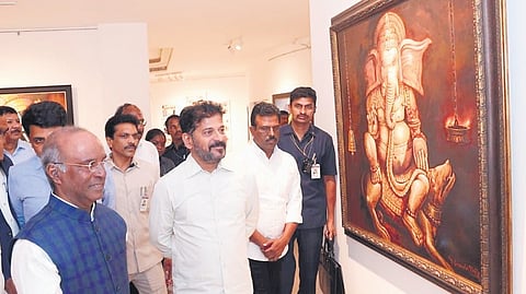 Narender Reddy’s paintings leave Chief Minister A Revanth Reddy smiling.