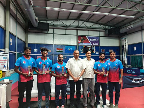 From left to right: S Tharun, S Preyesh, A Amalraj, TNTTA Secretary A V Vidyasagar, Sathiyan G and Coach S Raman at an award function felicitating TN table tennis players.