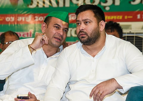 Rashtriya Janata Dal leader Tejashwi Yadav and Tej Pratap Yadav during a rally, in Patna, Saturday, May 3, 2025.