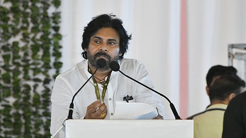 Deputy CM Pawan Kalyan during the event where the PM Narendra Modi restarts the construction works of Amaravati at Velagapudi on Friday.