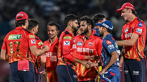 Lucknow Super Giants' Prince Yadav congratulates Punjab Kings' captain Shreyas Iyer after his team's win at the end of the Indian Premier League match between Punjab Kings and Lucknow Super Giants at the Himachal Pradesh Cricket Association Stadium in Dharamsala.