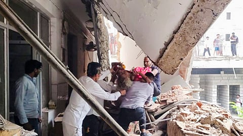 Dilapidated balcony of the medicine block after it collapsed, at the Mahatma Gandhi Memorial Medical College and Hospital (MGMMCH) in Sakchi area of Jamshedpur district.
