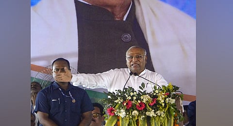 Congress president Mallikarjun Kharge speaks during the 'Samvidhan Bachao' rally in Jharkhand's Ranchi on May 6, 2025.