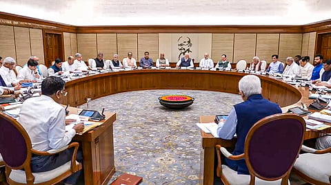 In this screenshot from PMO website on May 7, 2025, Prime Minister Narendra Modi with Defence Minister Rajnath Singh, Union Home Minister Amit Shah, Union Ministers Nitin Gadkari, JP Nadda and others during a Cabinet meeting following 'Operation Sindoor', in New Delhi.