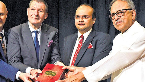 Director Alliance Francaise de Bangalore Jean-Marc Dépierre, Consul General of France in Bengaluru Marc Lamy, President of Alliance Francaise de Bangalore Dr Chinmaya P Chigateri and President of Basava Samithi Aravind Jatti release ‘Vachanas in French’ on Wednesday