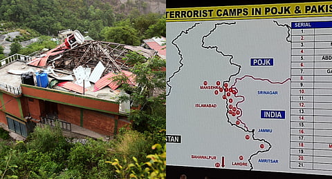 (L)The rooftop of a building damaged by an Indian missile attack near Muzaffarabad, in Pakistan-Occupied Kashmir, on Wednesday, May 7, 2025. (R) The map of terrorist bases displayed at the briefing by the Indian Armed Forces.