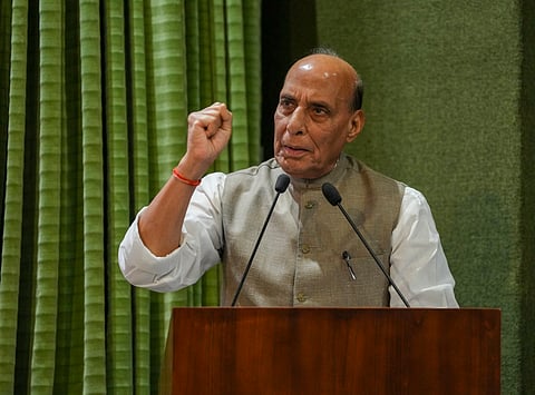 Union Defence Minister Rajnath Singh addresses the Border Roads Organisation's Raising Day ceremony at Manekshaw Centre in New Delhi, Wednesday, May 7, 2025.