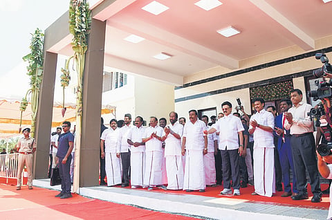 CM M K Stalin, Minister Anbil Mahesh Poyyamozhi and others during inauguration of the Government Model School in Thuvakudi on Thursday