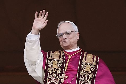 Pope Leo XIV appears on the central loggia of St. Peter's Basilica after being chosen the 267th pontiff of the Roman Catholic Church, at the Vatican on Thursday, May 8, 2025.