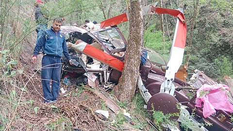 Rescue and relief work is underway after a helicopter carrying devotees to Gangotri Dham crashed at Gangani, in Uttarkashi district, on Thursday, May 8, 2025.