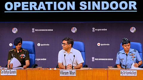 Colonel Sofiya Qureshi (left), Vikram Mistri (Centre) and Wing Commander Vyomika Singh.