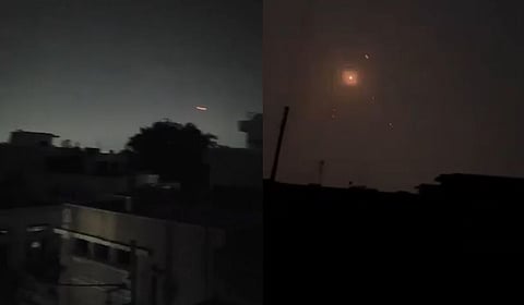 Red projectiles seen in the sky before local heard loud explosions in J&K (L); Indian air defence systems neutralising Pakistani drones
