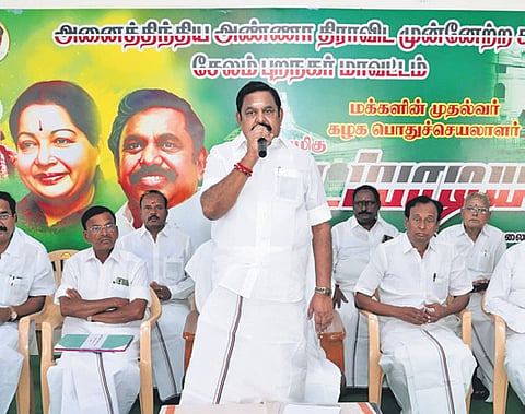 AIADMK general secretary Edappadi K Palaniswami speaking at a party meeting in Salem on Thursday