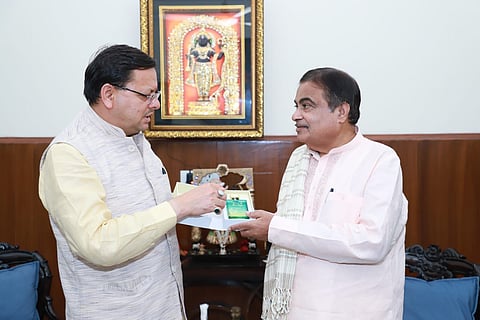 Uttarakhand CM Pushkar Singh Dhami meeting Union Minister Nitin Gadkari (Photo | Special arrangement)
