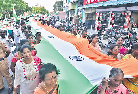 A large number of Congress cadre, holding the Tricolour, marching from Chitra Theatre in Pudupet till Egmore in Chennai on Friday