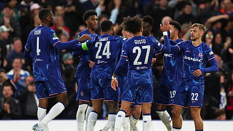 Chelsea's Kiernan Dewsbury-Hall celebrates with teammates after scoring his side's opening goal during the Europa Conference League semifinal second leg soccer match between Chelsea and Djurgarden on Thursday, May 8, 2025.