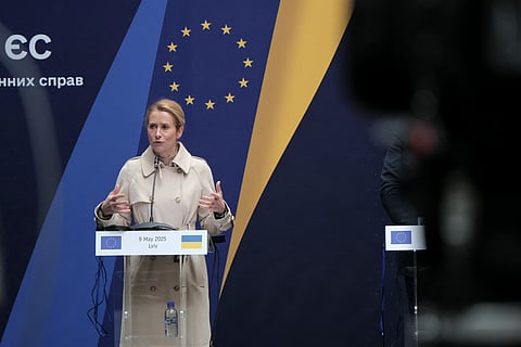 EU High Representative for Foreign Affairs and Security Policy Kaja Kallas speaks during a Ukraine-EU meeting in Lviv, on May 9, 2025, amid the Russian invasion of Ukraine.