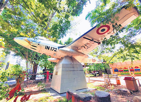 The vintage Sea Hawk IN-172 jet fighter of the fleet air arm of Indian Navy displayed at Changampuzha Park in Kochi