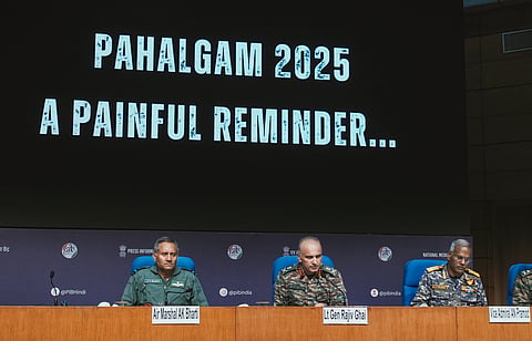 Lt General Rajiv Ghai with Air Marshal AK Bharti and Vice Admiral AN Pramod during a press conference on 'Operation Sindoor', in New Delhi, Sunday, May 11, 2025.