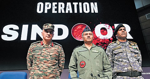 Director General of Military Operations (DGMO) Lt General Rajiv Ghai (Left) with Air Marshal AK Bharti (Centre) and Vice Admiral AN Pramod, Operation Sindoor