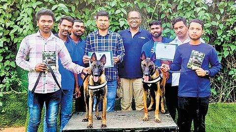 Forest personnel posing with the dogs Nanta and Annika