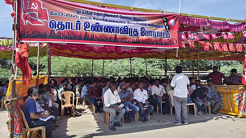 NTPL contract workers observing hunger strike in front of the plant in Thoothukudi.