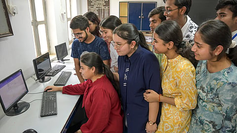 Students in Prayagraj check scores after CBSE declared board exam results on May 13, 2025.