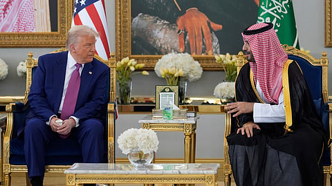 US President Donald Trump speaks with Saudi Crown Prince Mohammed bin Salman during a coffee ceremony at the Royal Terminal of King Khalid International Airport in Riyadh, Saudi Arabia, Tuesday, May 13, 2025.