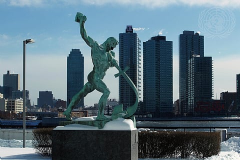 Let Us Beat Swords into Ploughshares sculpture