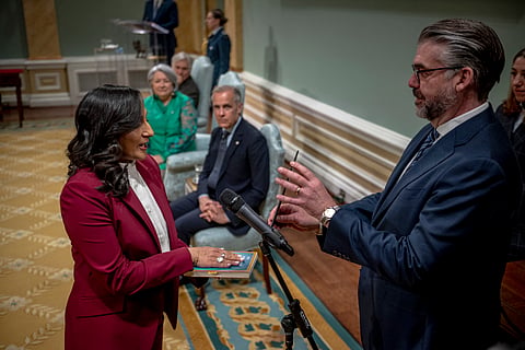 Anita Anand, Minister of Foreign Affairs, is sworn in at Rideau Hall for the cabinet's swearing-in ceremony on May 13, 2025 in Ottawa, Canada. Newly elected Prime Minister Mark Carney unveiled his cabinet and promised "decisive action" on his ambitious economic agenda as the country faces strained relations with the U.S. over trade tariffs.
