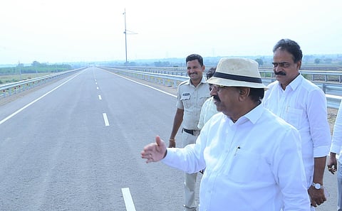 Minister Thummala Nageswara Rao inspecting national green field high way road works from Khammam to Devarapalli in May.