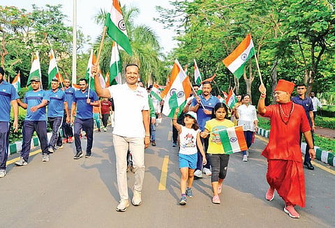 JSP chairman Naveen Jindal leading the Tiranga Yatra on Thursday