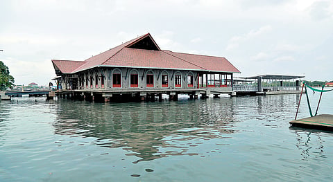 Construction of the Mattancherry Water Metro terminal is almost over. The station can be seen projected into the water to tide over the silt deposit issue