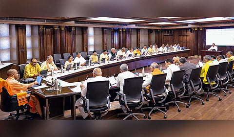 Uttar Pradesh Chief Minister Yogi Adityanath chairs a Cabinet meeting, in Lucknow, Thursday, May 15, 2025.