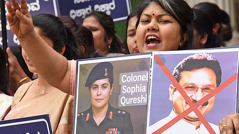 Members of Karnataka Pradesh Women Congress led by President Sowmya Reddy protesting against Kunwar Vijay Shah, Minister for Tribal Affairs of Madhya Pradesh on his statement on Colonel Sophia Qureshi, in Bengaluru on Thursday.