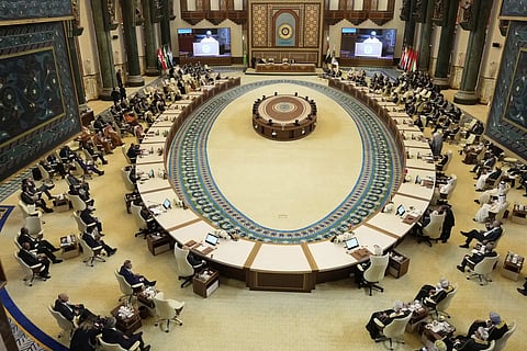 Arab leaders attend the opening session of the 34th Arab League summit, in Baghdad, Iraq, Saturday, May, 17, 2025.