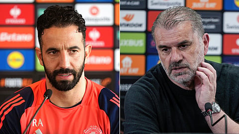 Manchester United manager Ruben Amorim (L) and Tottenham manager Ange Postecoglou (R) will both be aiming for their first trophy at their respective clubs, in a season overshadowed by underwhelming Premier League performances.
