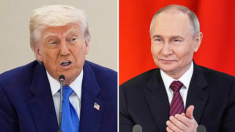This combination photo shows President Donald Trump in a business roundtable, May 16, 2025, in Abu Dhabi, United Arab Emirates, left, and Russian President Vladimir Putin at a signing ceremony at the Kremlin in Moscow, May 10, 2025.