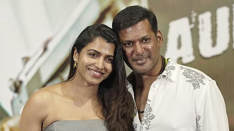 Actors Vishal and Sai Dhanshika
