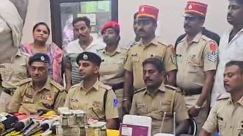 Senior Superintendent of Police (Crime and Intelligence) Narra Chaitainya along with Superintendent of Police Bhaskaran and other officials briefing newsmen.