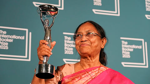 Banu Mushtaq, author of 'Heart Lamp' holds the trophy after winning the International Booker Prize, in London, Tuesday, May 20, 2025