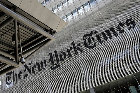 This June 22, 2019, file photo shows the exterior of the New York Times building in New York.