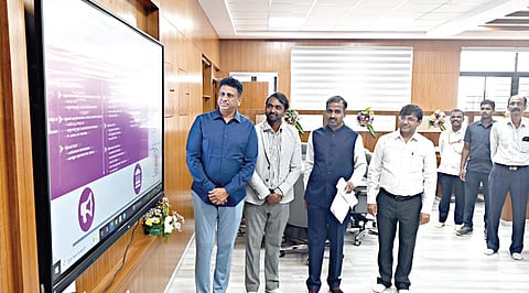 Higher Education Minister MC Sudhakar inaugurates a KCET call centre in Malleswaram on Saturday.