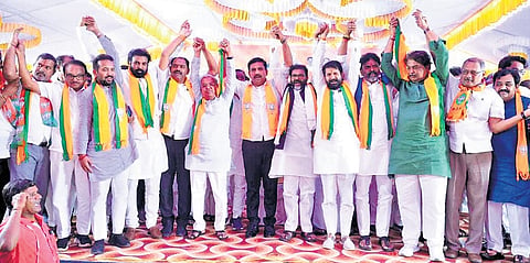 Karnataka BJP leaders protest outside the Deputy Commissioner’s office in Kalaburagi on Saturday
