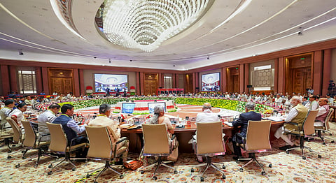 In this image via PMO, Prime Minister Narendra Modi chairs the 10th meeting of the Governing Council of NITI Aayog, in New Delhi, Saturday, May 24, 2025.